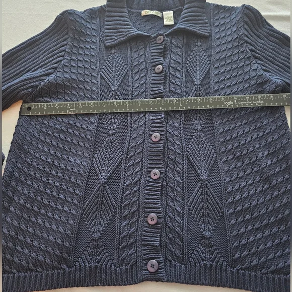 Orvis Sweater Womens XL Navy Cotton Button Up Cable Knit Cardigan Collard VTG - Picture 9 of 12